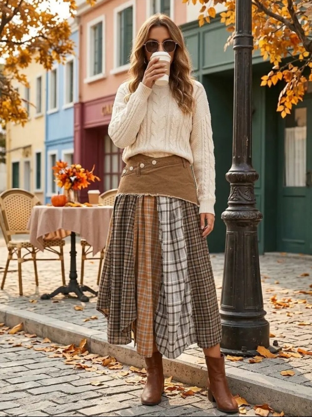Women'S Skirt, Irregular Hem Style, Patchwork Plaid, Random Print, Asymmetrical - Picture 5 of 6
